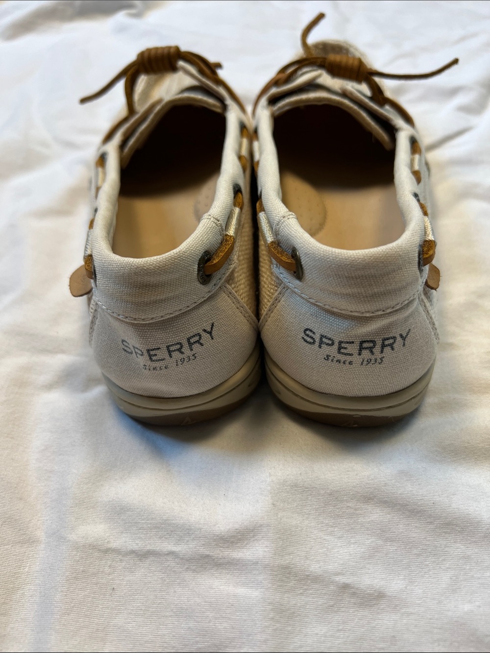 Sperry Women's Light Beige Canvas Moccasins with Brown Laces - Picture 3 of 9